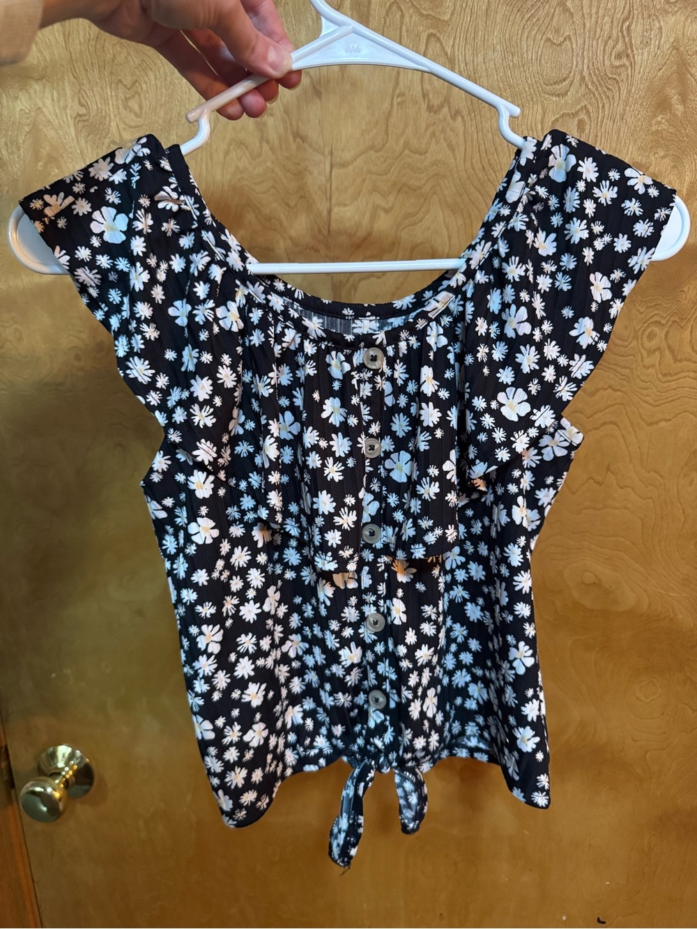 Justice Black Floral Button-Front Tie-Hem Blouse